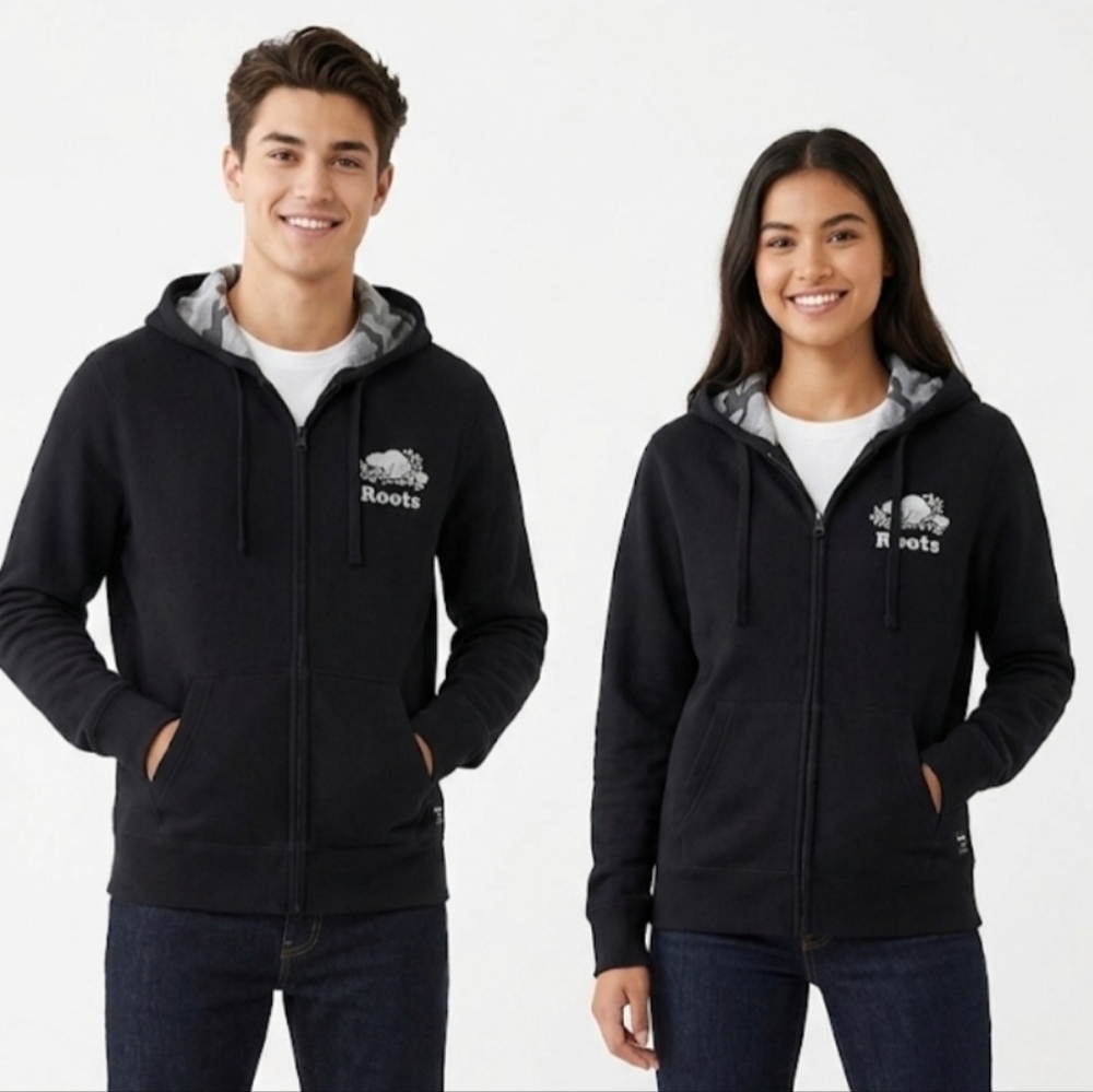 Roots Gender Free Full Zip Hoodie Black Camo Hood Lining size:M